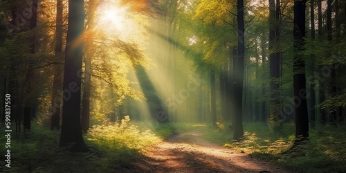 The sun shines through the trees in the forest on a sunny day. Generative AI technology. photo