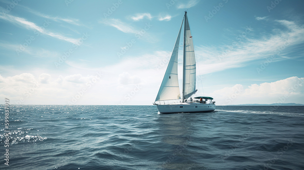 A sail boat on the open sea against a sunny blue sky. A.I. generated.
