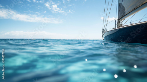 A sail boat on the open sea against a sunny blue sky. A.I. generated.
