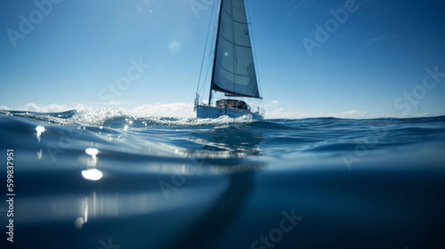 A sail boat on the open sea against a sunny blue sky. A.I. generated.  © JPDC