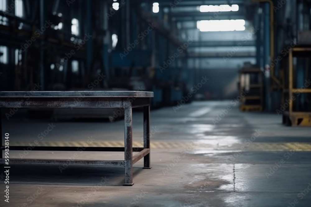 table in industrial warehouse, blurred background. generative AI
