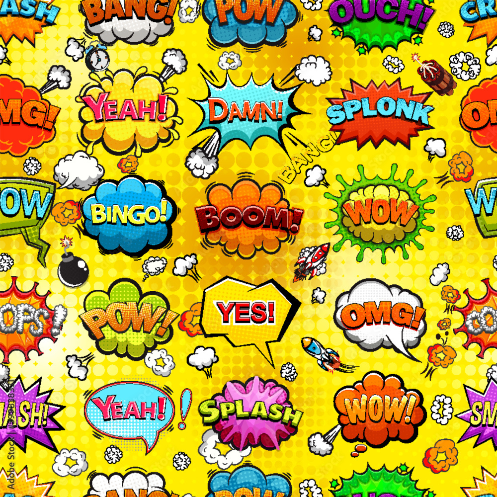Yellow background with a repeating pattern of comic speech bubbles, vector graphic design.