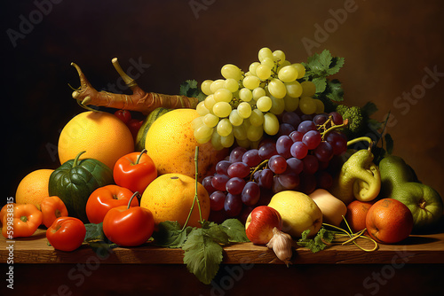 still life of fruits and vegetables  with warm yellow and red tones. generative AI