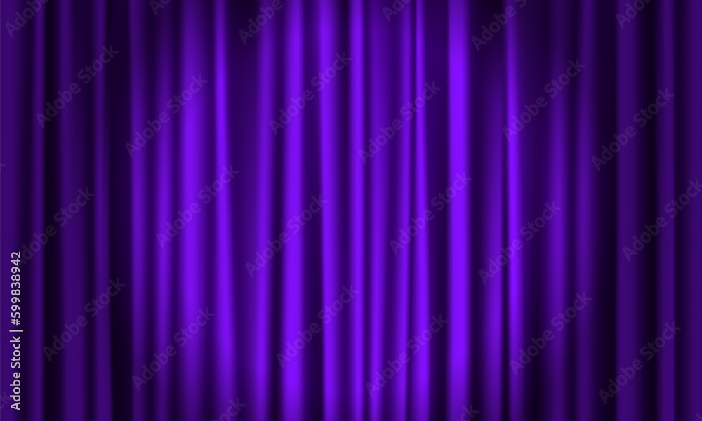 Purple curtain illuminated by spotlight. Closed velvet drapes. Vector illustration.
