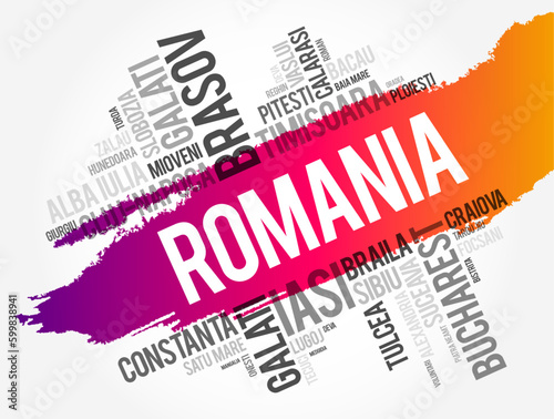 List of cities in Romania word cloud collage, business and travel concept background