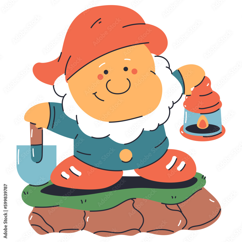 Cute garden gnome with shovel and lantern vector cartoon character isolated on a white background. Cute garden gnome with shovel and lantern vector cartoon character isolated on a white background.
