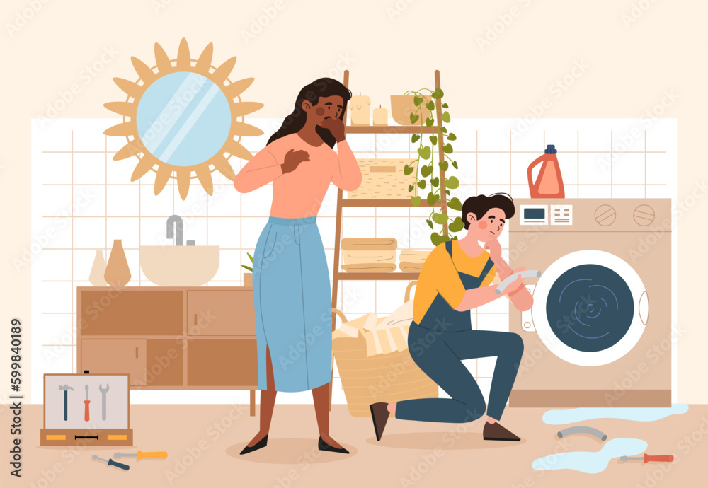 Plumber repairing washing machine. Man in uniform with tools fixes leak