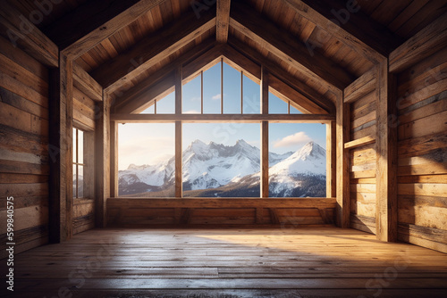 space with a mountain chalet aesthetic, grand window views. generative AI © busra