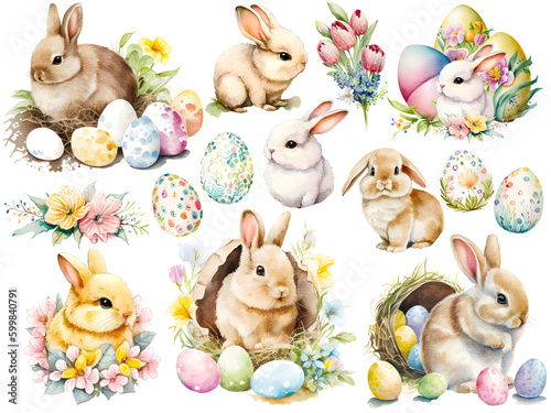 Cute watercolor easter bunny cliparts, isolated, transparent background, created with Generative AI technology