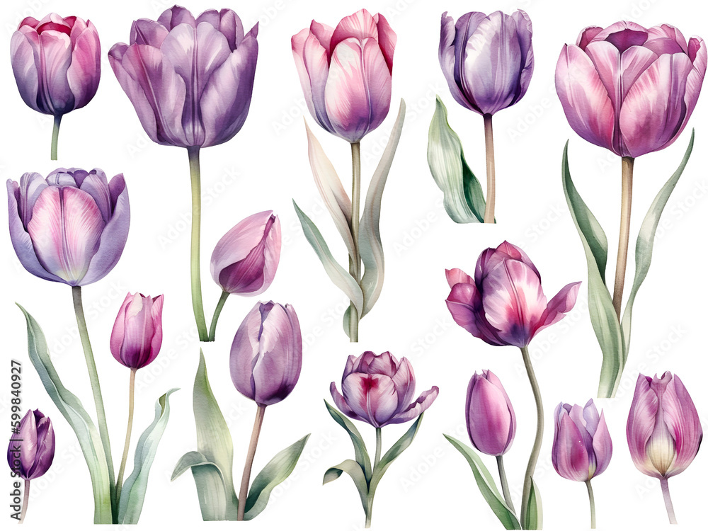 Purple watercolor tulip cliparts, isolated, created with Generative AI technology Purple watercolor tulip cliparts, isolated, created with Generative AI technology