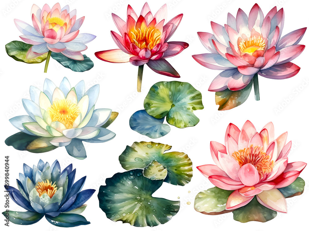 Watercolor water lily cliparts, created with Generative AI technology ...