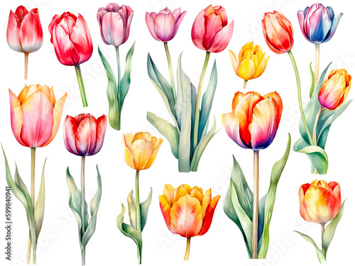 Colorful watercolor tulip cliparts  created with Generative AI technology