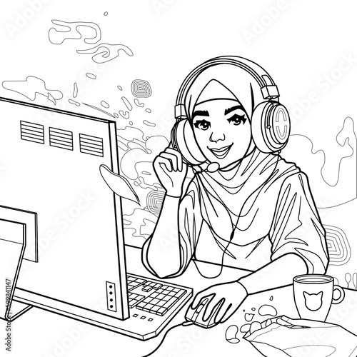 Muslim girl gamer or streamer in a hijab and a headset sits at a computer