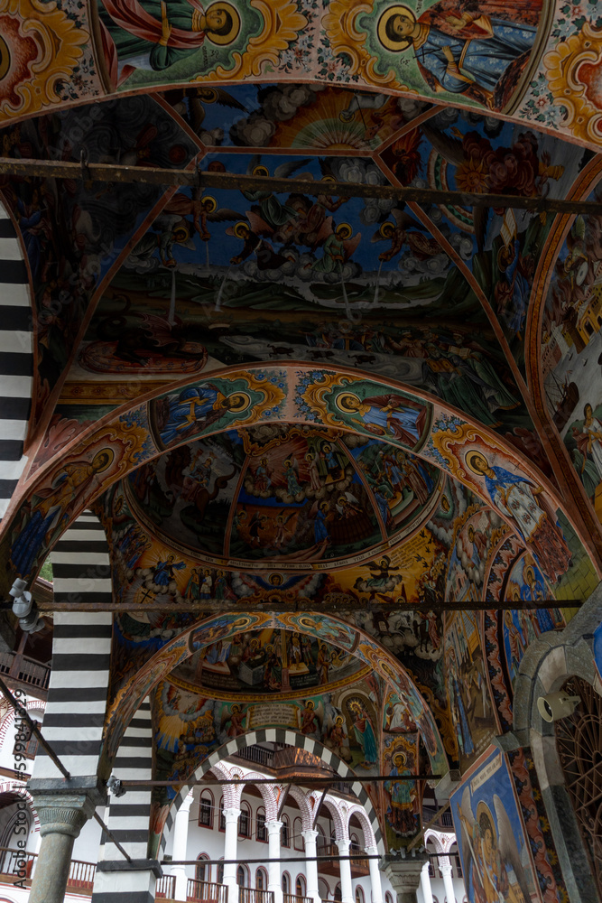 Paintings of the Rila Monastery in Bulgaria, on a cloudy day without tourists.