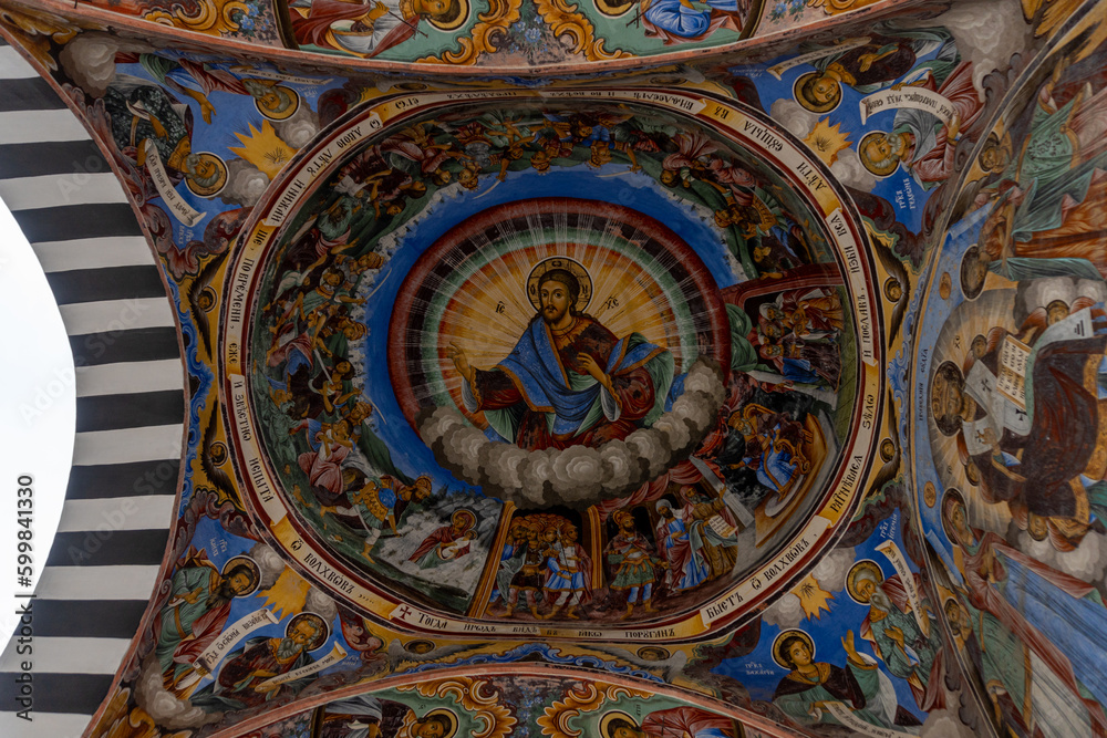 Paintings of the Rila Monastery in Bulgaria, on a cloudy day without tourists.