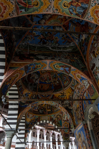 Paintings of the Rila Monastery in Bulgaria  on a cloudy day without tourists.