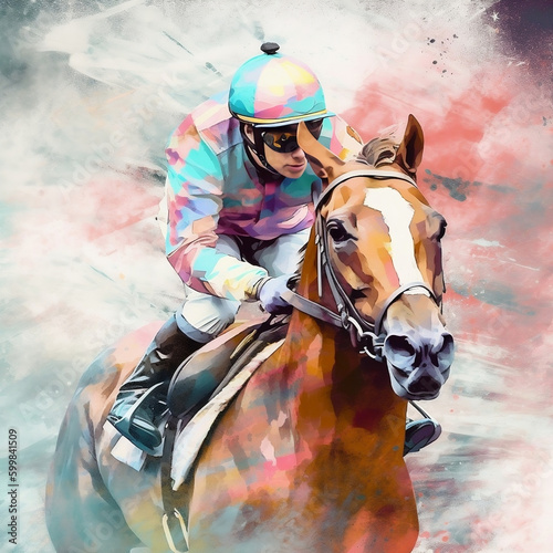 Abstract horse with jockey colors pastels. Generate IA