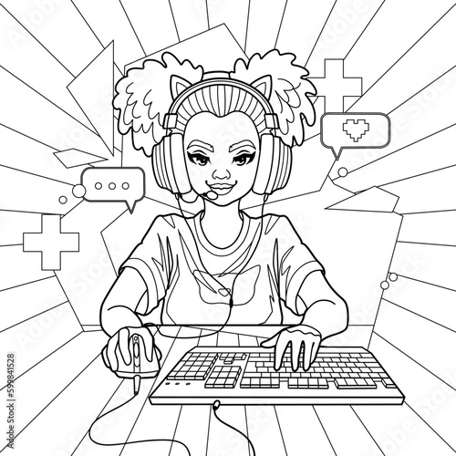 African girl gamer or streamer with cat ears headset sits in front of a computer
