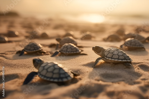 Group of baby sea turtle making their first step into ocean. little sea turtles crawling on sunset sandy beach. Generative ai