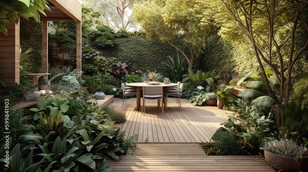 Fototapeta premium A backyard garden with a wooden deck and outdoor. Generative ai