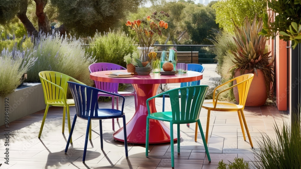 Obraz premium Contemporary outdoor dining area with a sleek metal table and flowers on top. Generative ai