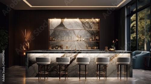 A sophisticated bar area with a marble countertop.  Generative ai