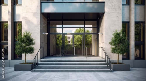 View to the entrance of a modern residential building. Generative ai