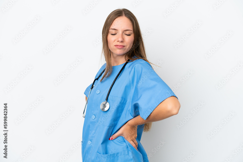 Young surgeon doctor Lithuanian woman isolated on white background suffering from backache for having made an effort Young surgeon doctor Lithuanian woman isolated on white background suffering from backache for having made an effort