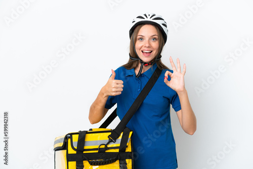 Lithuanian woman with thermal backpack showing ok sign and thumb up gesture