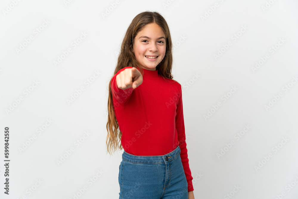 Little girl over isolated white background pointing front with happy expression Little girl over isolated white background pointing front with happy expression
