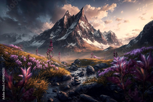 Generative AI illustration epic wilderness landscape of dramatic snowcapped mountain range with wild flowers in foreground © veneratio