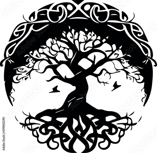 Celtic tree of life decorative Vector ornament, Graphic arts, dot work. Grunge vector illustration of the Scandinavian myths with Celtic culture. Yggdrasil Weltenbaum Wikinger.