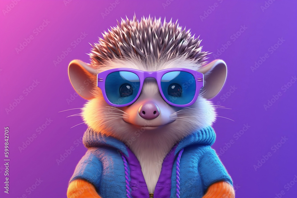 Hedgehog Wearing  Trendy Sunglasses, Colouful Background, Cartoon Style, 8k High Resolution, AI-Generated Image