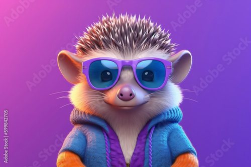 Hedgehog Wearing Trendy Sunglasses, Colouful Background, Cartoon Style, 8k High Resolution, AI-Generated Image