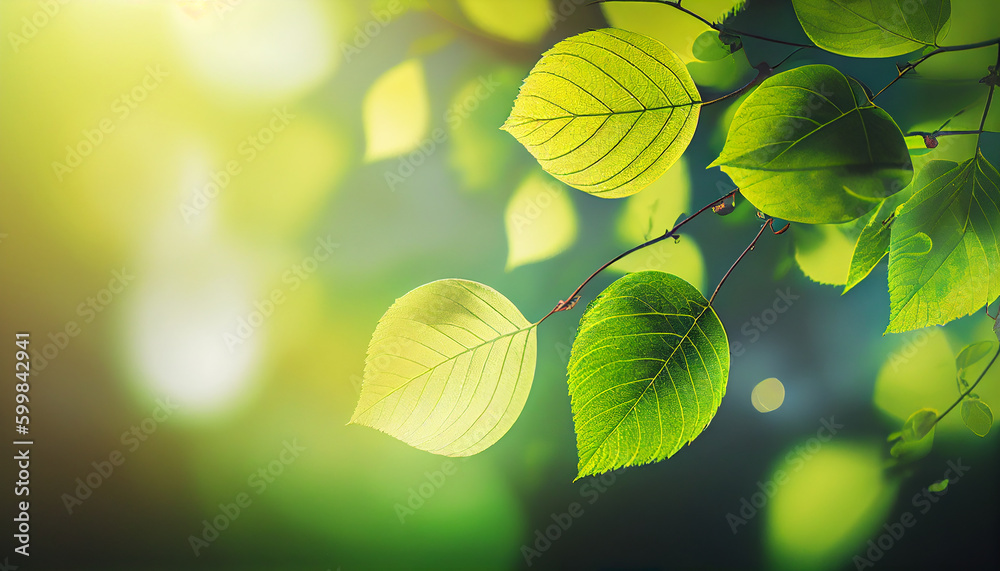fresh green leaves in spring and bokeh background. Generative AI fresh green leaves in spring and bokeh background. Generative AI