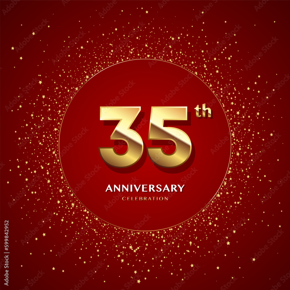 35th anniversary logo with gold numbers and glitter isolated on a red background 35th anniversary logo with gold numbers and glitter isolated on a red background