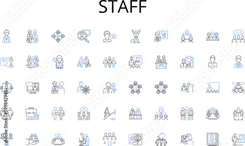 Staff line icons collection. Exhibition, Canvas, Sculpture, Artist, Masterpiece, Galleries, Paintings vector and linear illustration. Arrk,Curator,Collection outline signs set