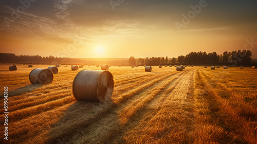 Canvas Print Bales of hay in a golden field country landscape shot during sunrise or sunset
