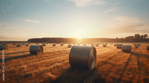 Bales of hay in a golden field country landscape shot during sunrise or sunset. A.I. generated. 