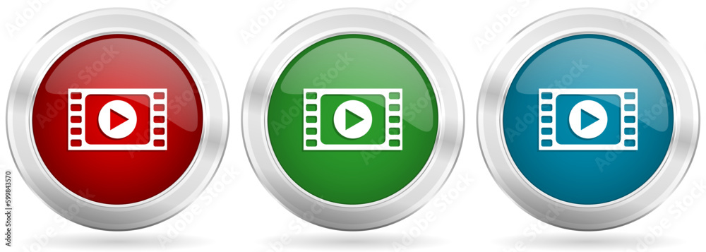 Video vector icon set. Red, blue and green silver metallic web buttons with chrome border Video vector icon set. Red, blue and green silver metallic web buttons with chrome border