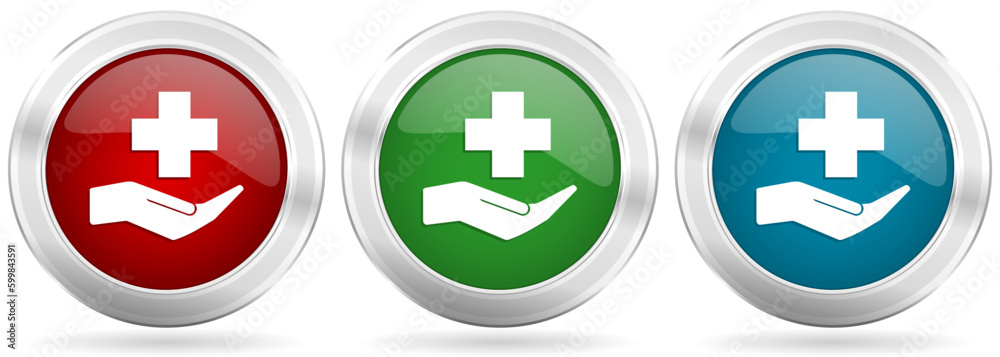 Hospital, medical help vector icon set. Red, blue and green silver metallic web buttons with chrome border Hospital, medical help vector icon set. Red, blue and green silver metallic web buttons with chrome border
