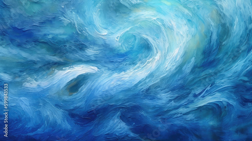 Mixed media painting of blue waves, abstract water background, visible impasto, crisp texture, swirling vortexes, atmospheric, generated with AI