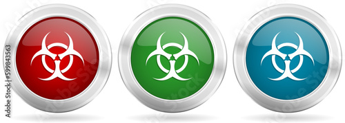 Biohazard vector icon set. Red, blue and green silver metallic web buttons with chrome border