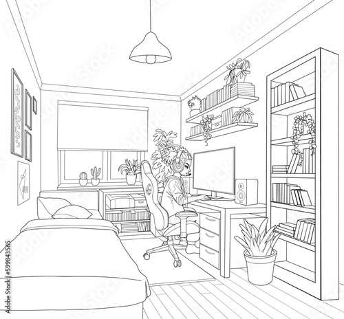 Girl gamer or streamer with a headset sits in front of a computer in a cozy room