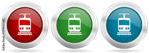 Train vector icon set. Red, blue and green silver metallic web buttons with chrome border