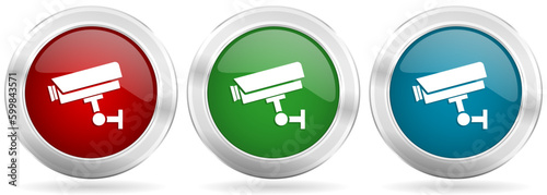Cctv camera vector icon set. Red, blue and green silver metallic web buttons with chrome border