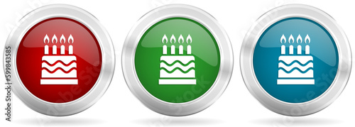 Birthday cake vector icon set. Red, blue and green silver metallic web buttons with chrome border