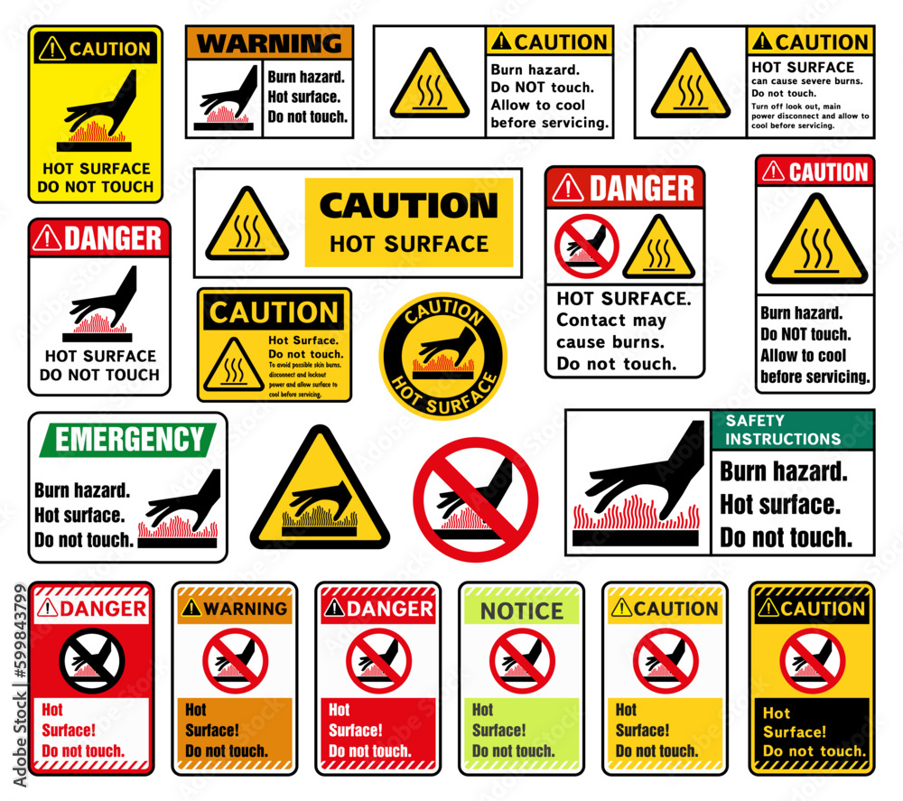 Caution, hot surface, do not touch the surface. Sign, vector illustration, isolated on white background. Caution, hot surface, do not touch the surface. Sign, vector illustration, isolated on white background.