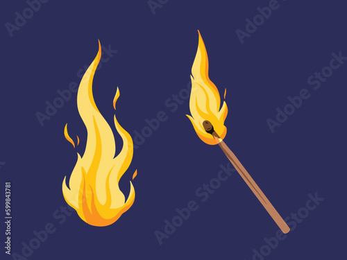 Wooden match stick lighter vector illustration isolated on horizontal dark blue colored landscape template. Simple flat object drawing.