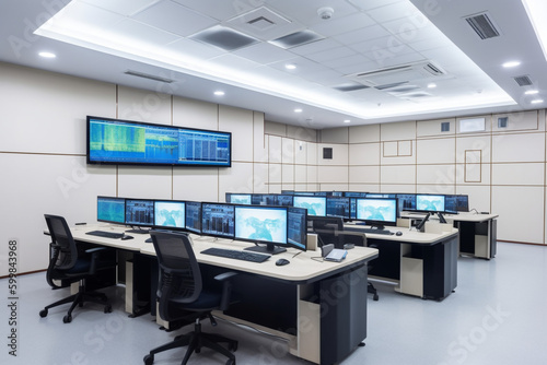 interior of big modern security system control room, workstation with multiple displays, monitoring room with at security data center Empty office, desk, and chairs, Generative AI